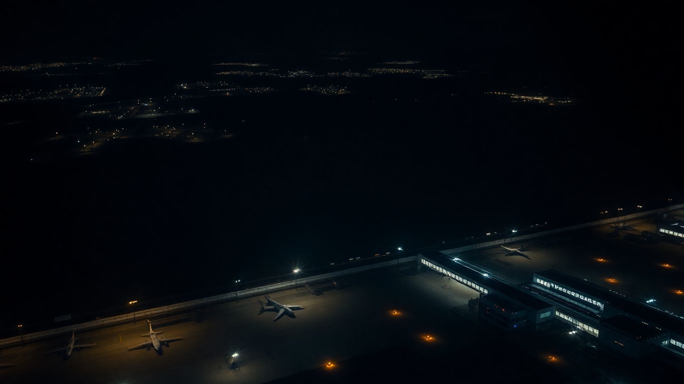 Airport at night, dark terminals, emergency lights on tarmac.