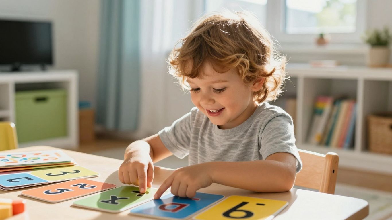 Preschooler learning sight words with flashcards.