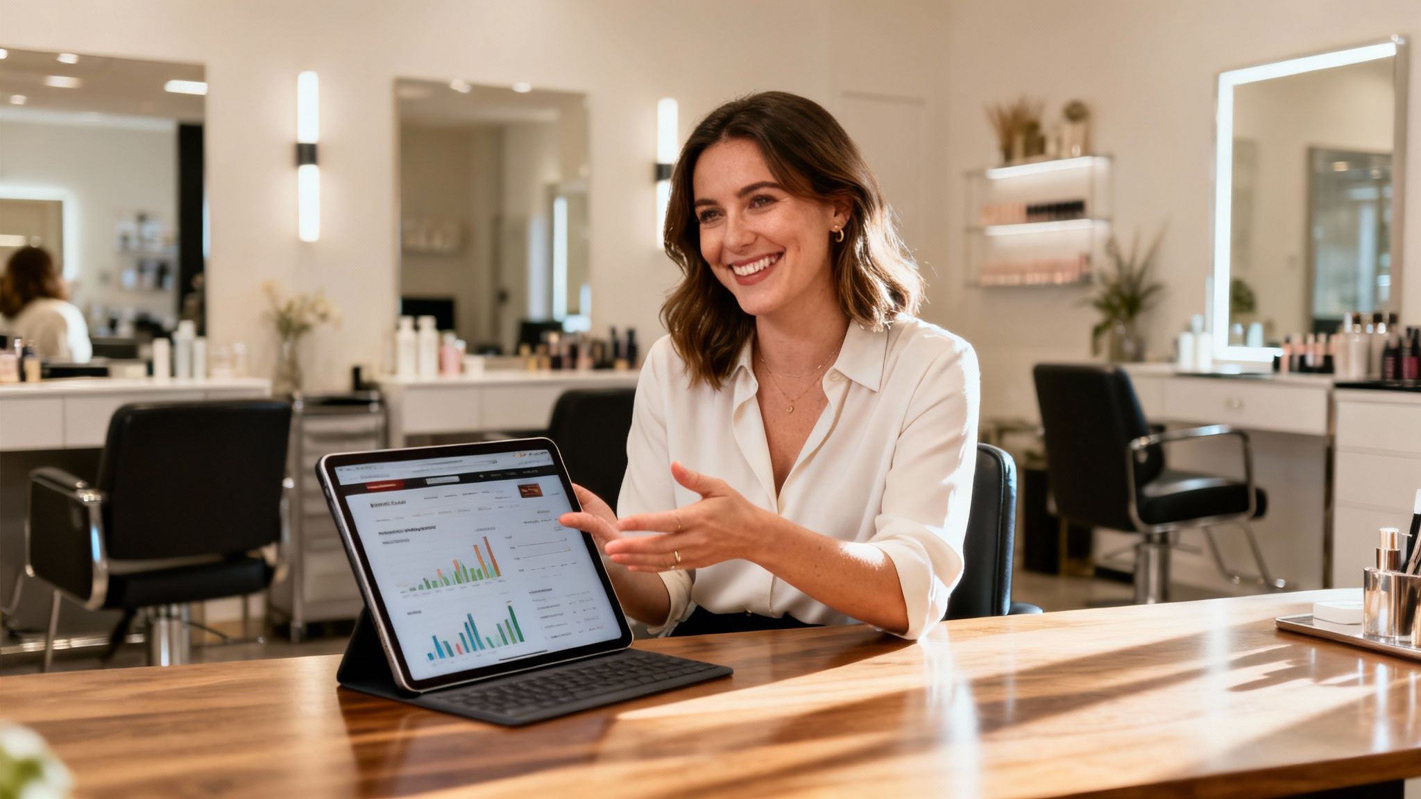 UK beauty salon owner meeting about website design and analytics.