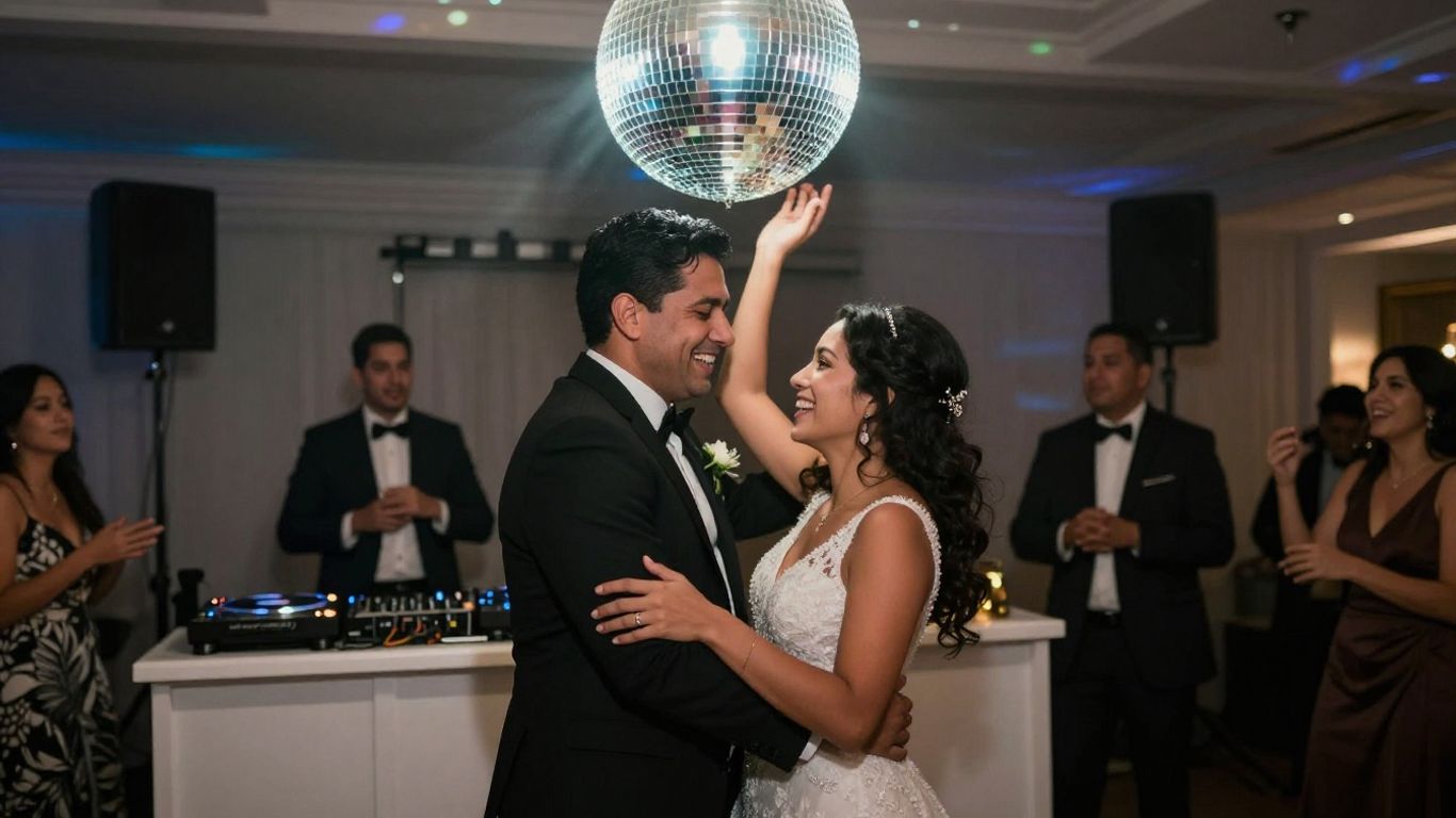 Couple dancing at a wedding reception with a DJ.