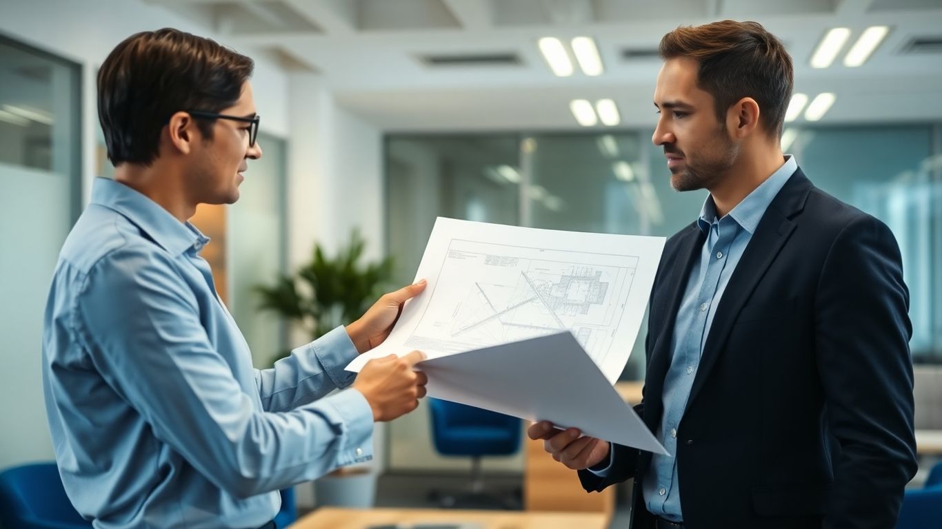 Checkliste: Welche Pflichtangaben müssen in einem Werkvertrag stehen? Zwei Personen besprechen einen Bauplan in einem Büro.