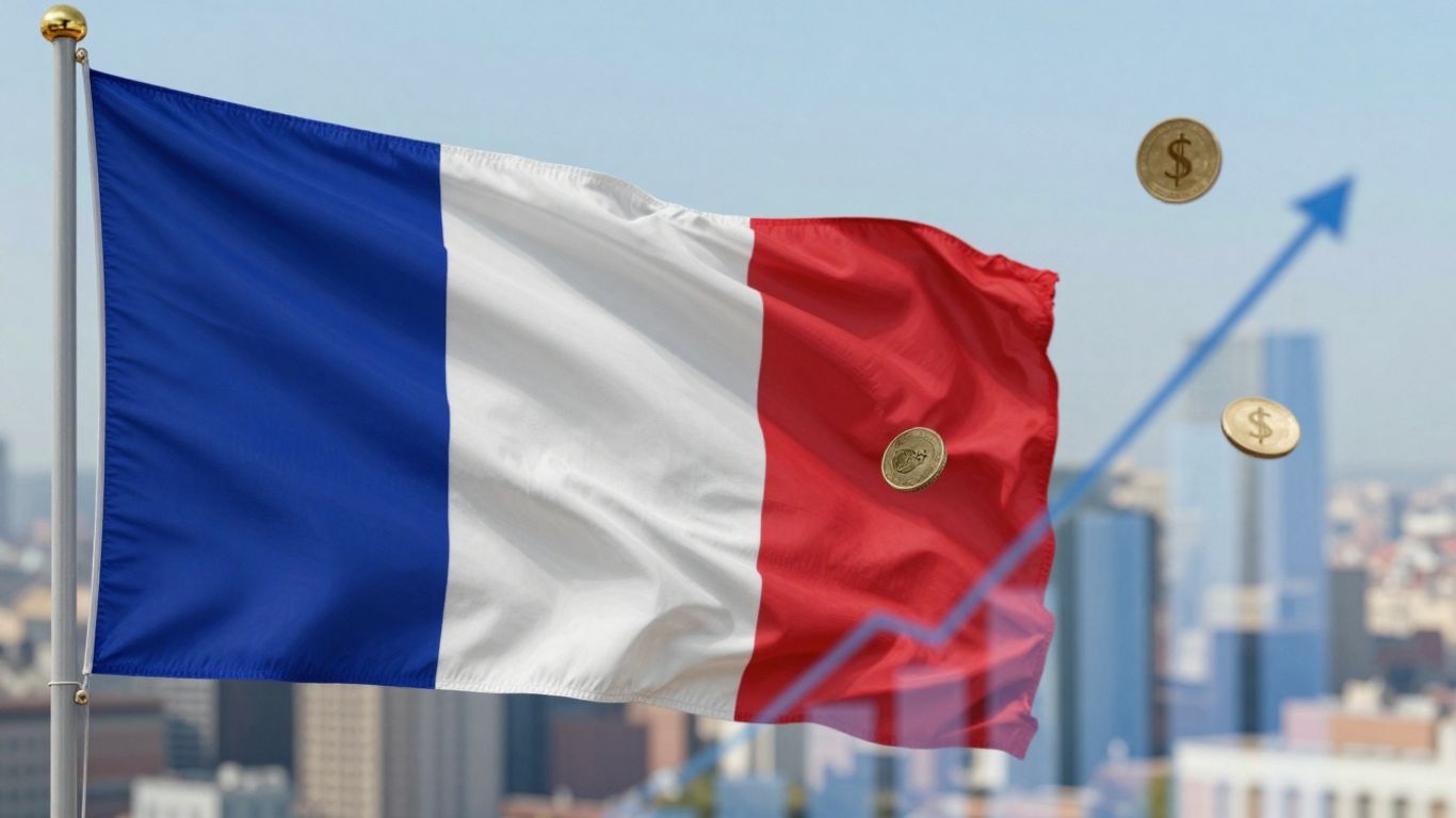 Drapeau français avec symboles financiers et ville floue.