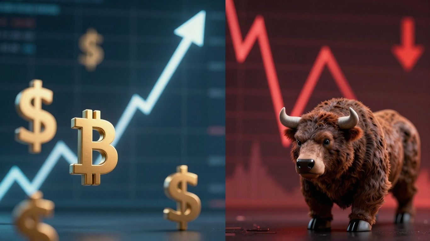 Crypto trading with bull and bear market imagery.