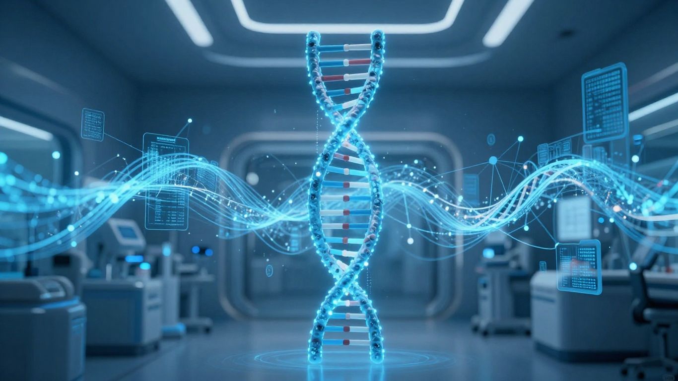 Blockchain securing healthcare data with digital streams and DNA helix.