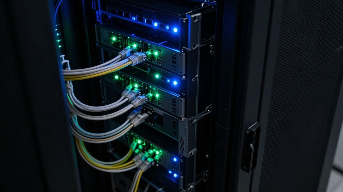 Server rack with glowing lights and organized cables.