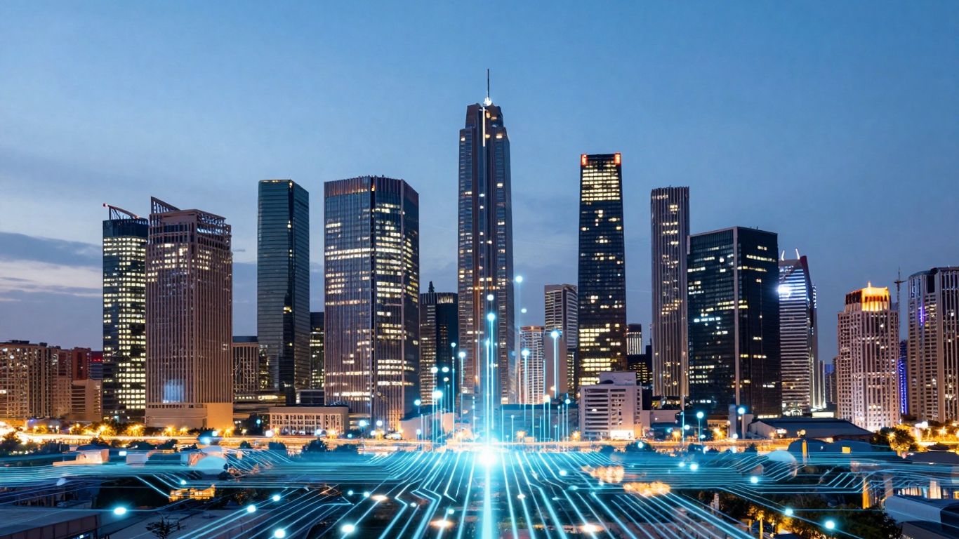 High-tech cityscape with glowing data streams and circuits.