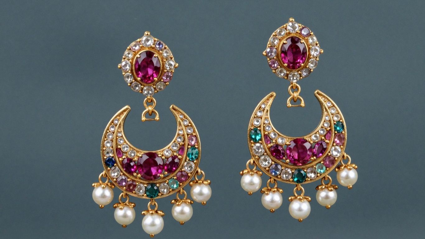 Intricate Kundan Chandbali earrings with gemstones and pearls.