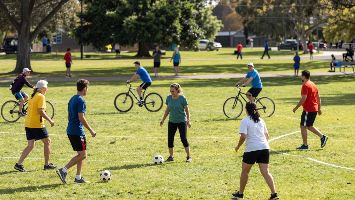 Australians enjoying diverse sports activities in a park.