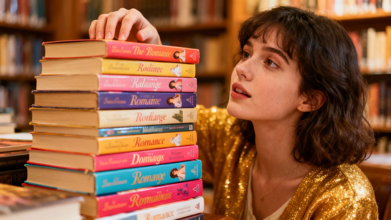 Young adult romance book stack with reader