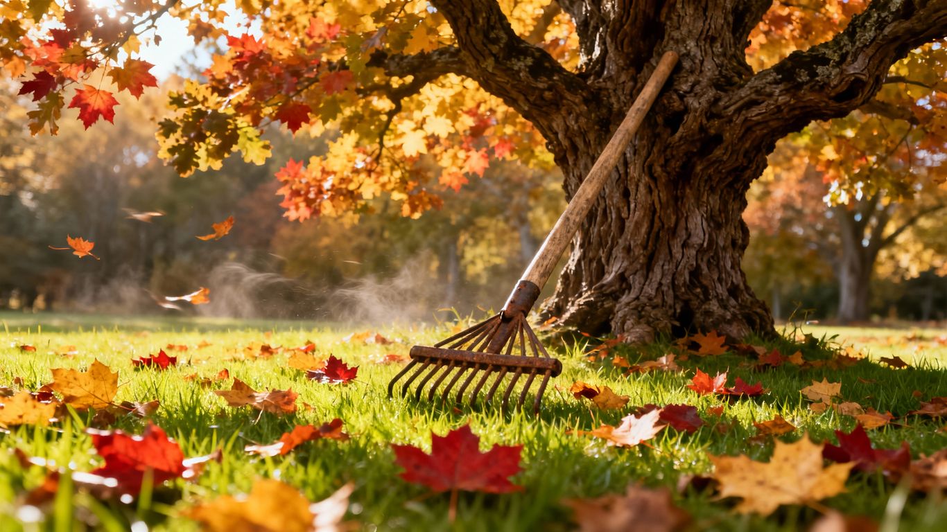 Autumn lawn with fallen leaves and rake.