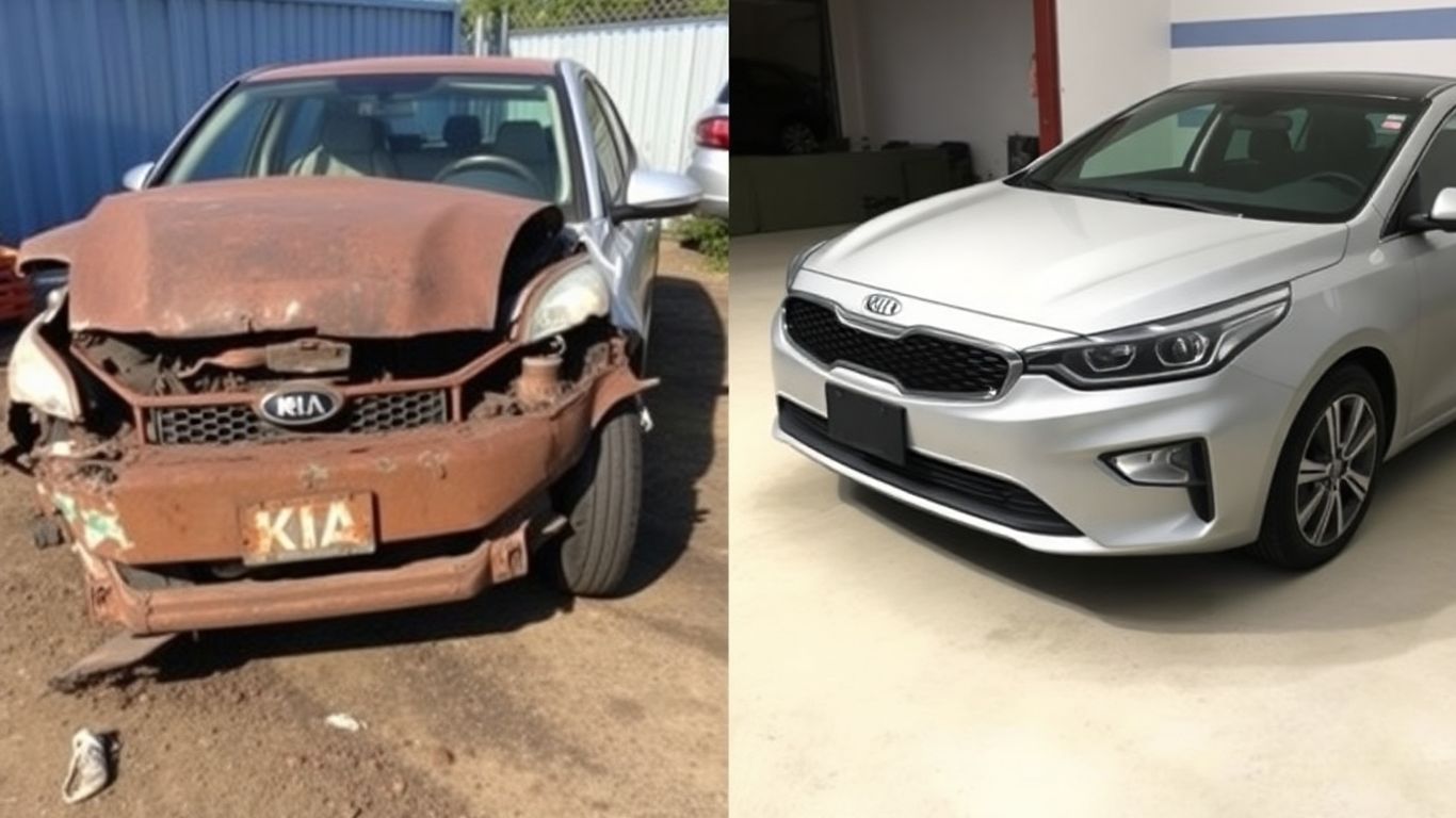 Restored Kia car contrasted with its broken state.
