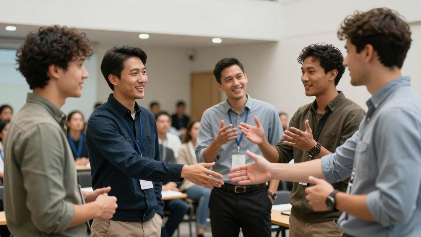 Producers networking at a conference, shaking hands and talking.