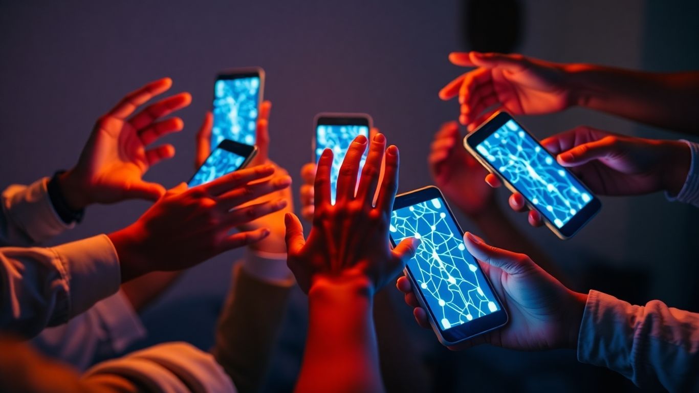 Diverse hands holding glowing phones with network patterns.
