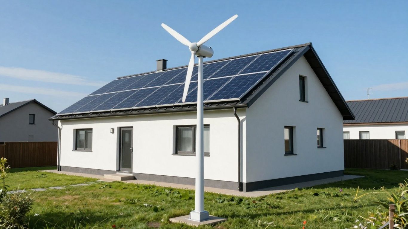 House with solar panels and domestic wind turbine.