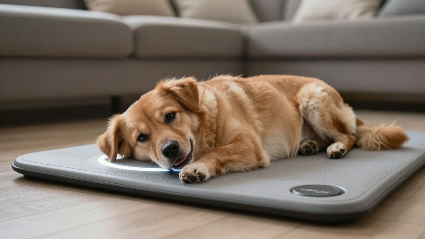 Dog relaxing on a pet PEMF mat.