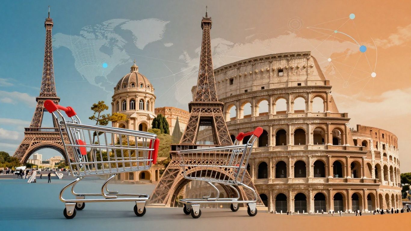 European landmarks and shopping carts symbolizing Amazon Europe.