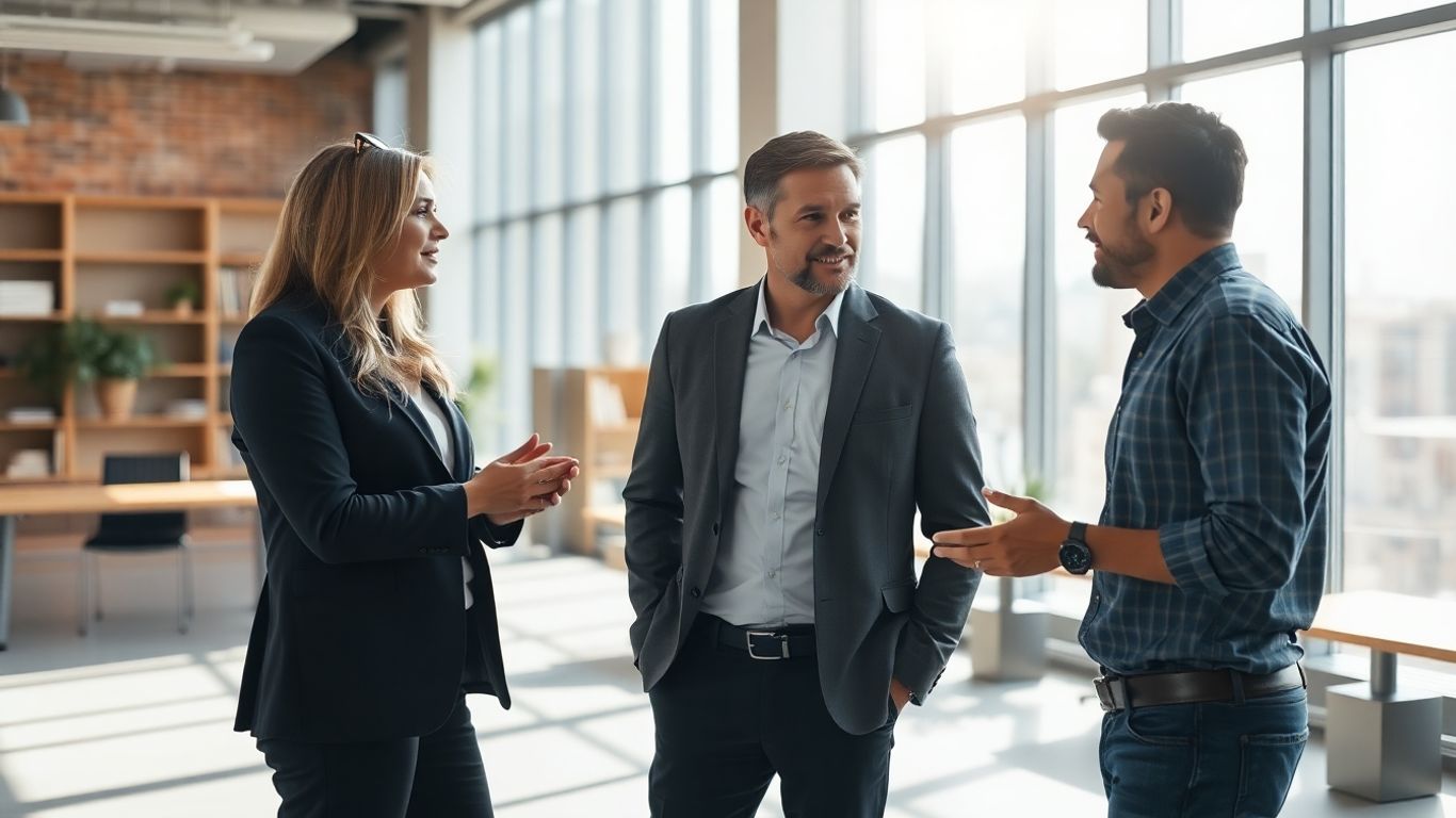 Zwei Fachleute diskutieren in einem modernen Büro.