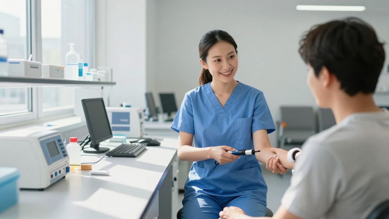 Phlebotomist drawing blood in a San Antonio lab.