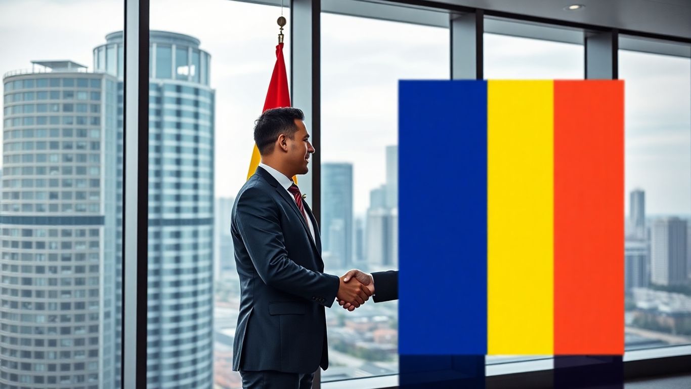 Steaguri Canada și România și oameni de afaceri în fundal