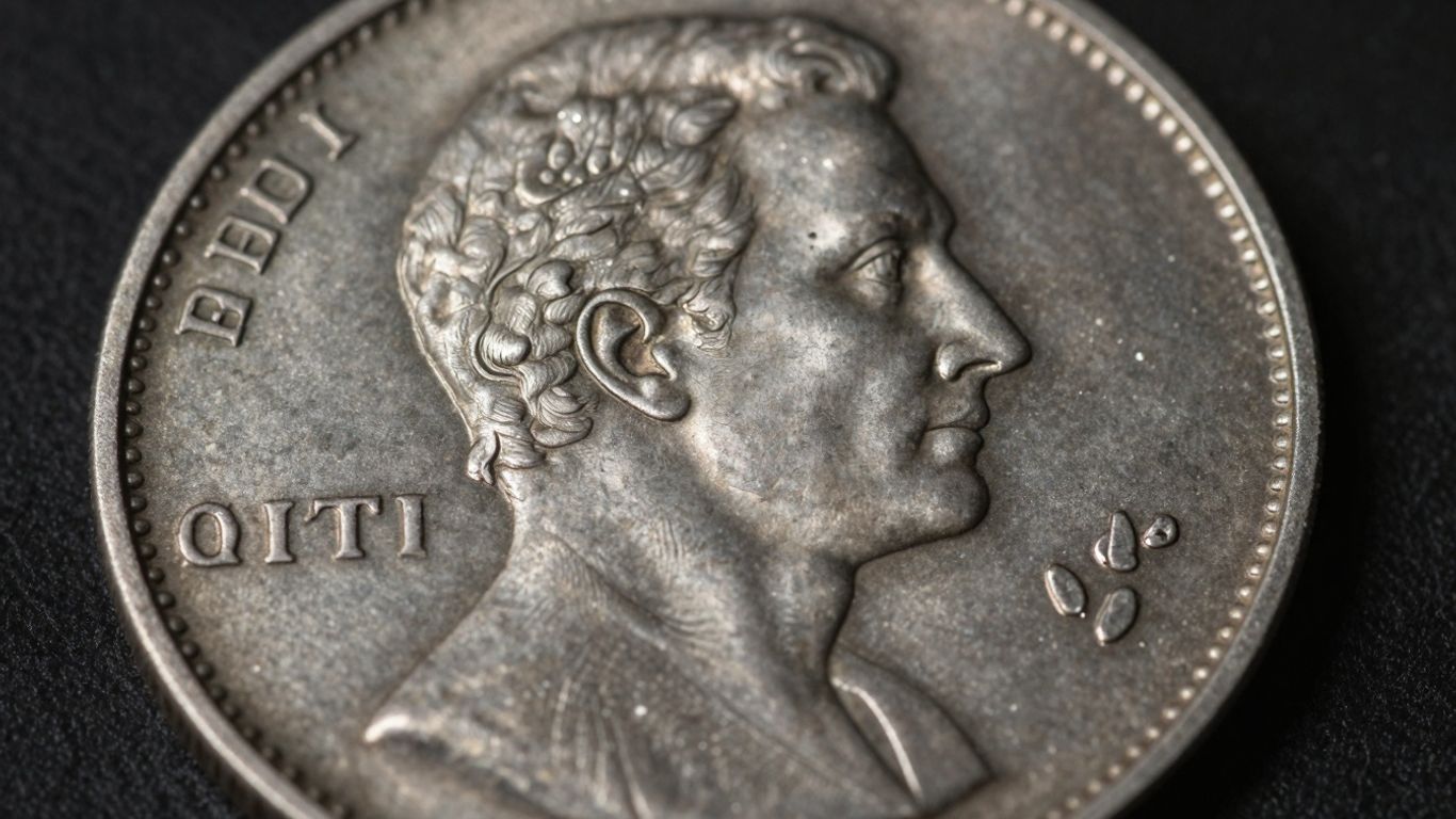 Close-up of a worn silver coin with visible texture.