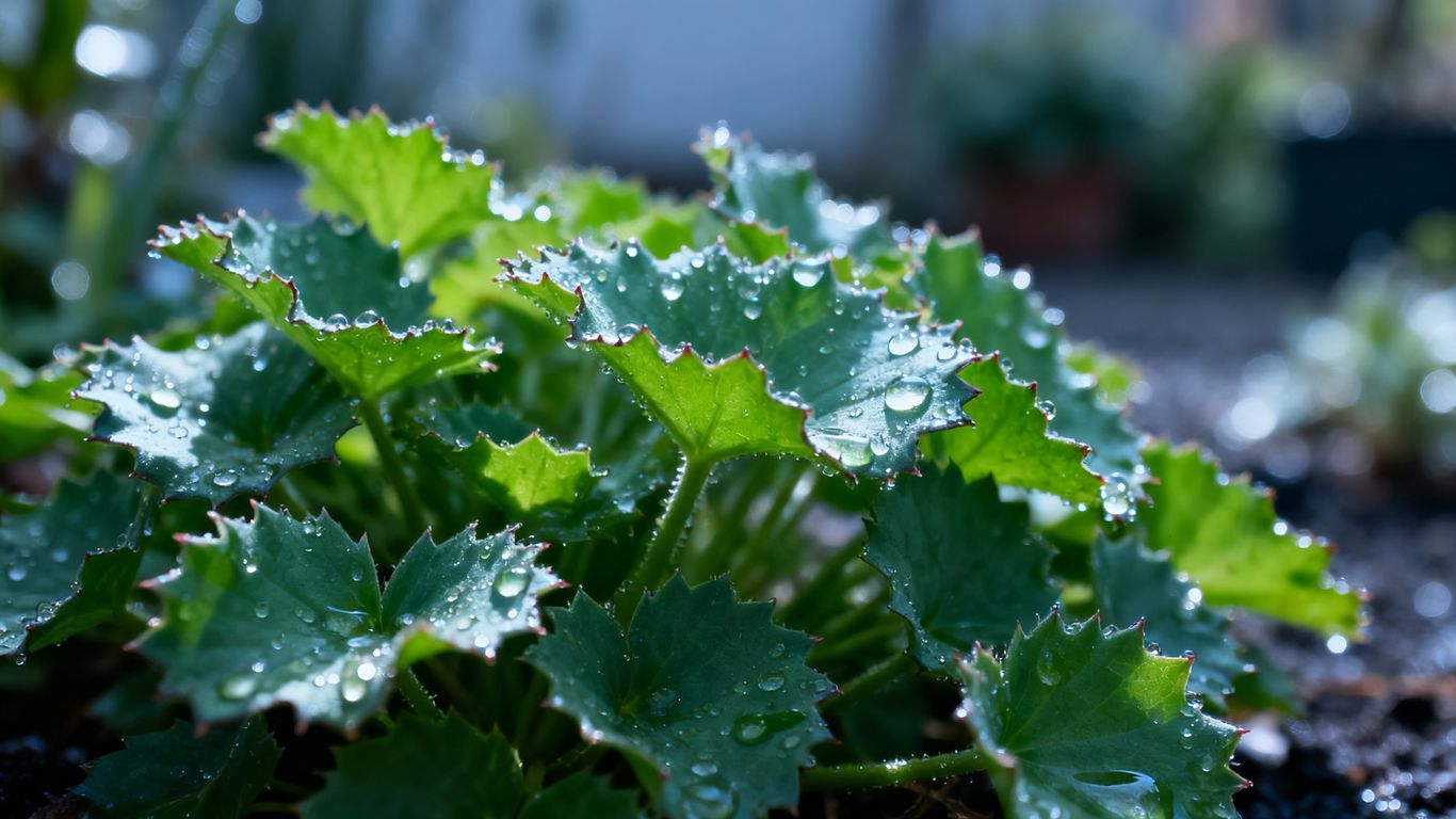 Watered perennial plants with dew drops in cool weather.