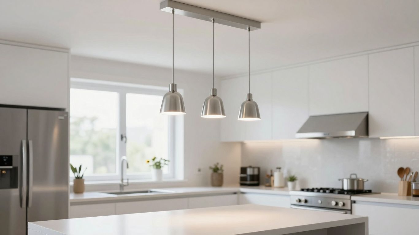 Modern kitchen ceiling lights above a breakfast bar.