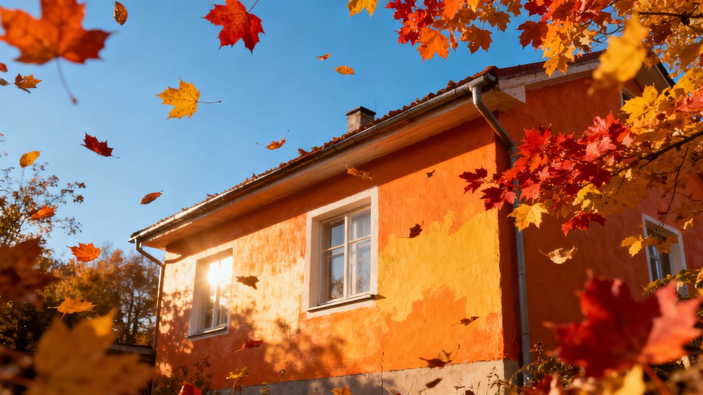 House exterior painting in autumn with colorful leaves.