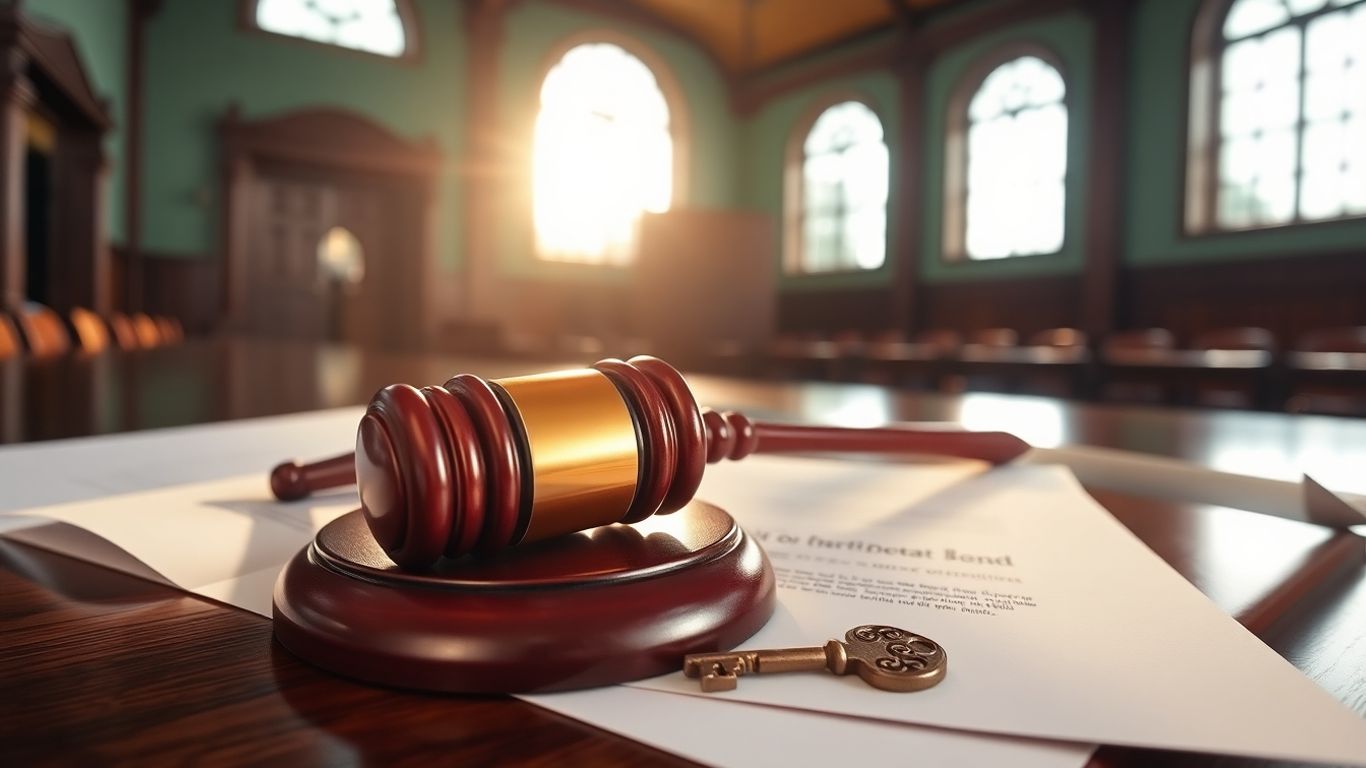 Jamaican courthouse with gavel and key for probate.