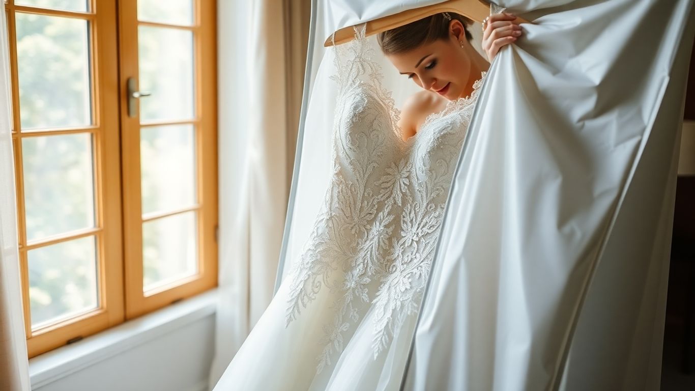 Bride carefully preserving her wedding dress after the ceremony.
