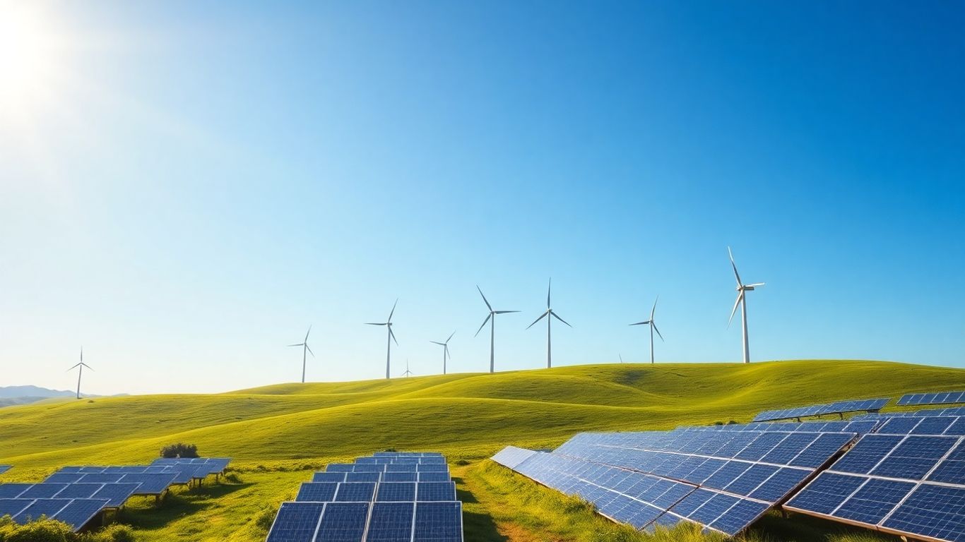 Turbine eoliene și panouri solare pe un fundal verde.