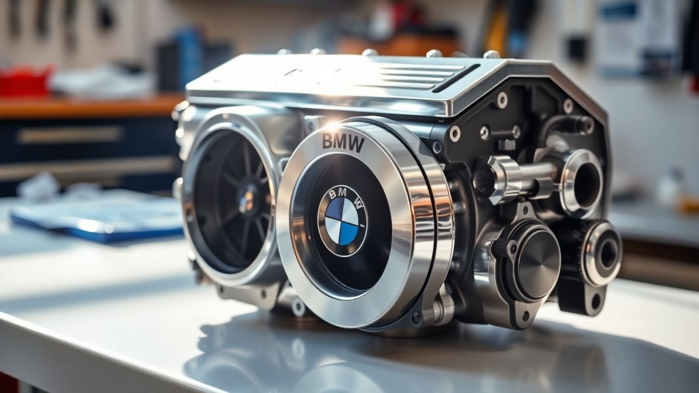 High-quality BMW engine part on a workbench.
