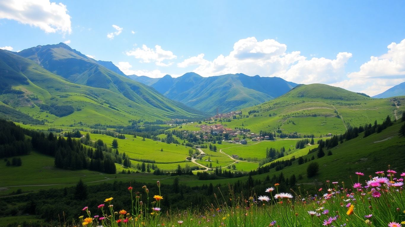 Spanische Pyrenäenberge, grüne Täler und ein entferntes Dorf.