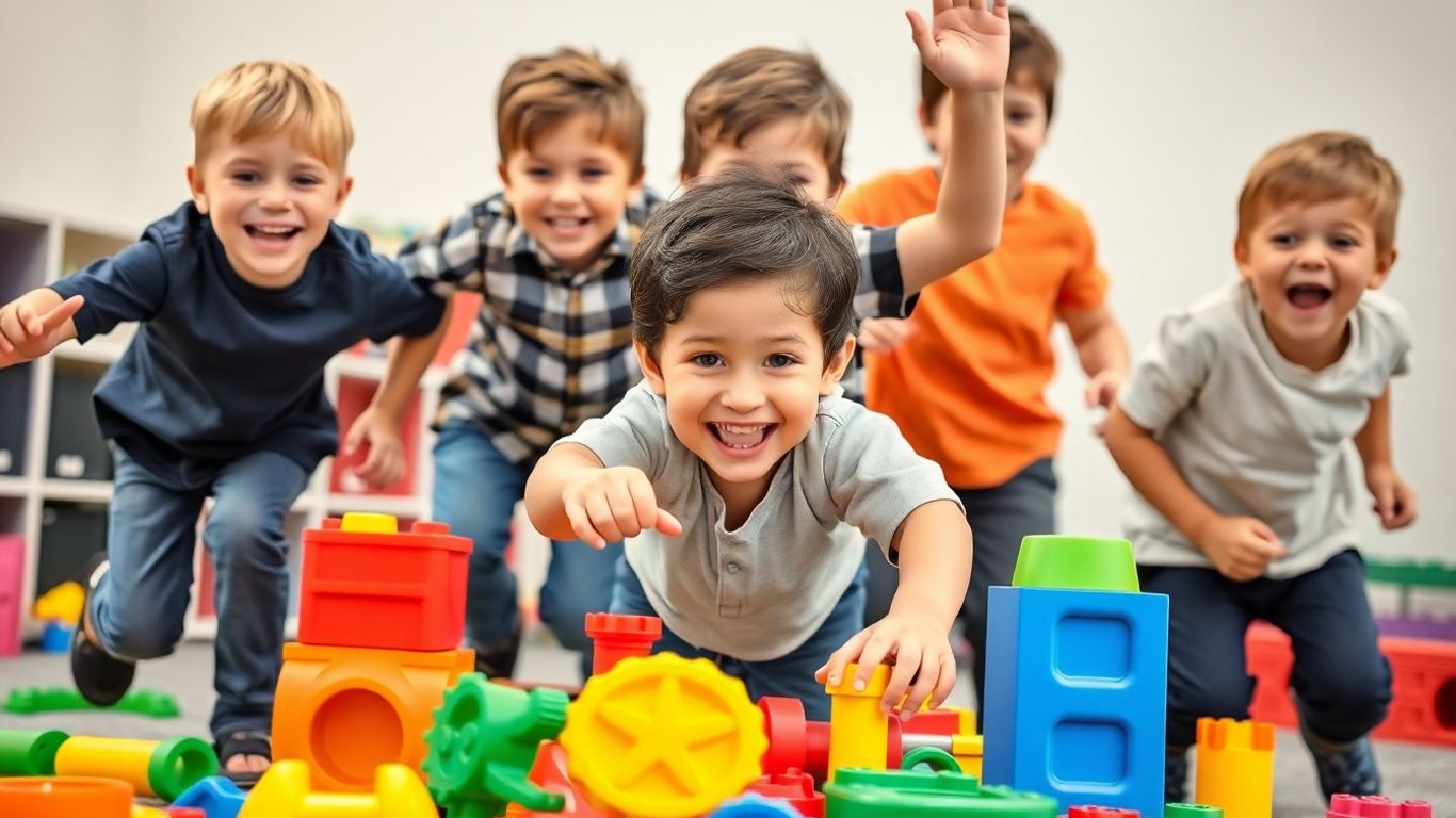 Four-year-old boys playing with colorful toys outdoors.