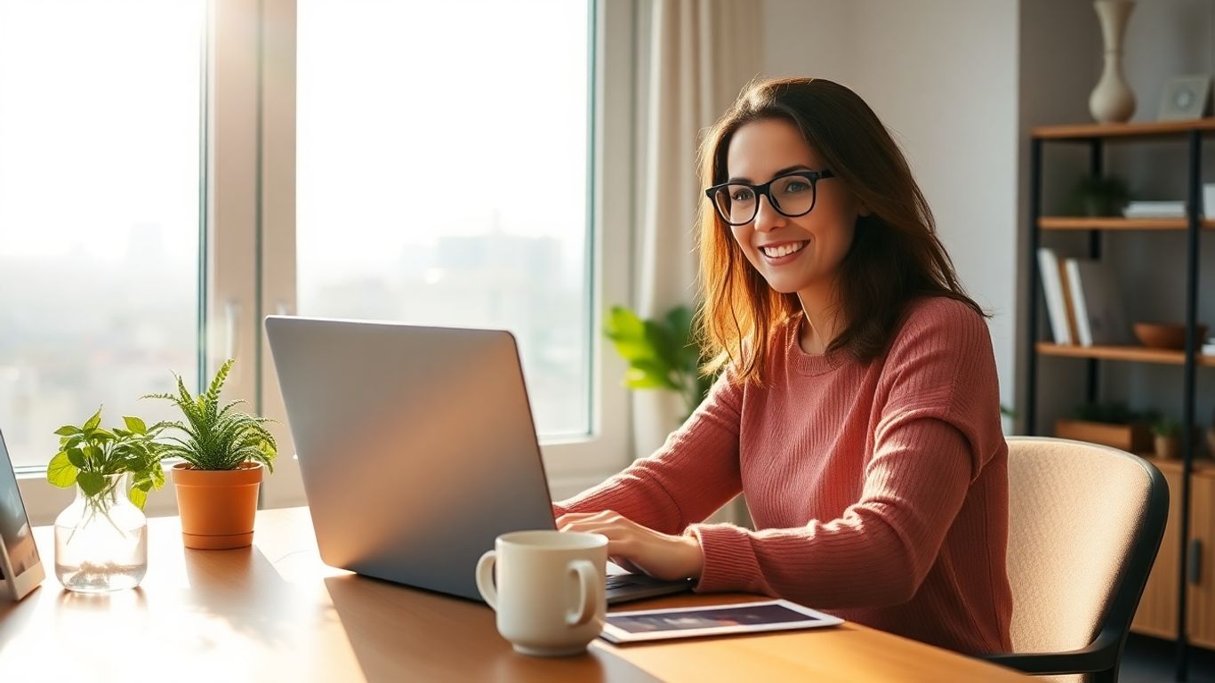Person working on laptop in home office.
