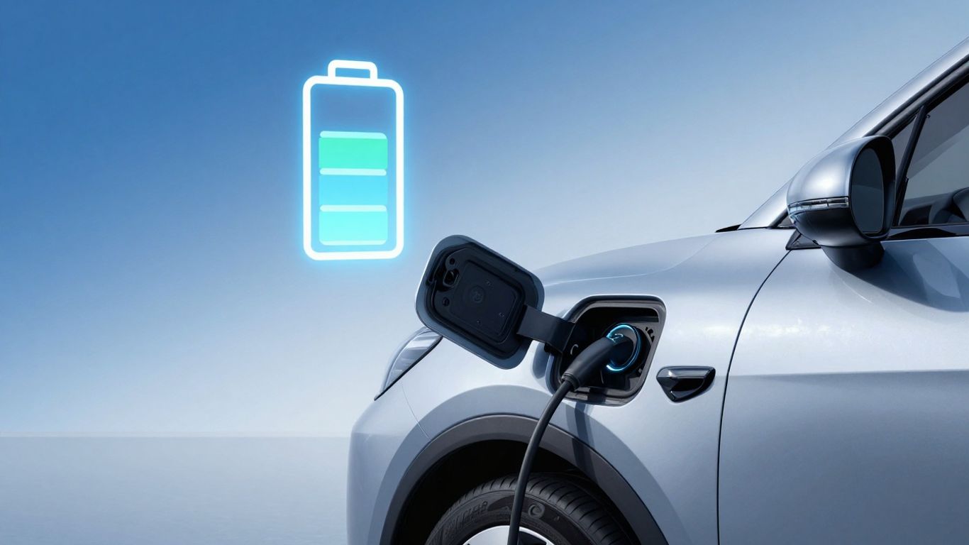 Electric car and glowing battery icon.