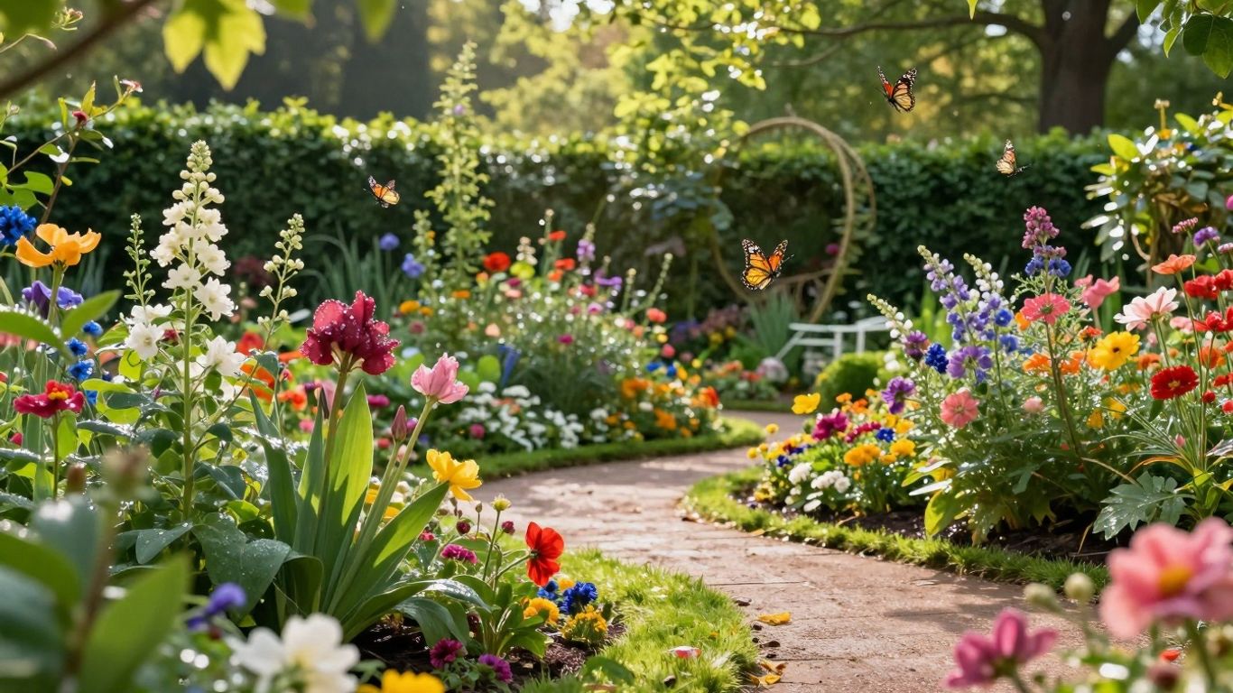 Bloeiende tuin met vlinders en paden