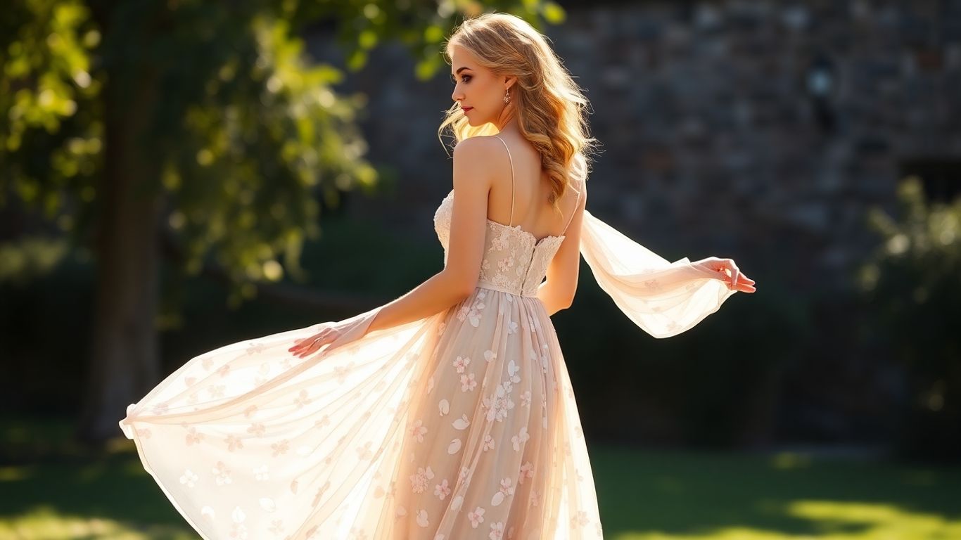 Frau in geblümtem Maxikleid für Hochzeit.