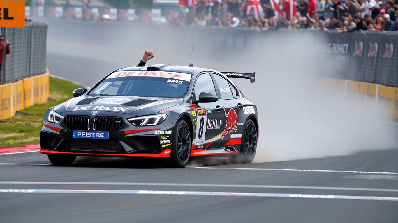 Race car crossing finish line, driver celebrating victory.