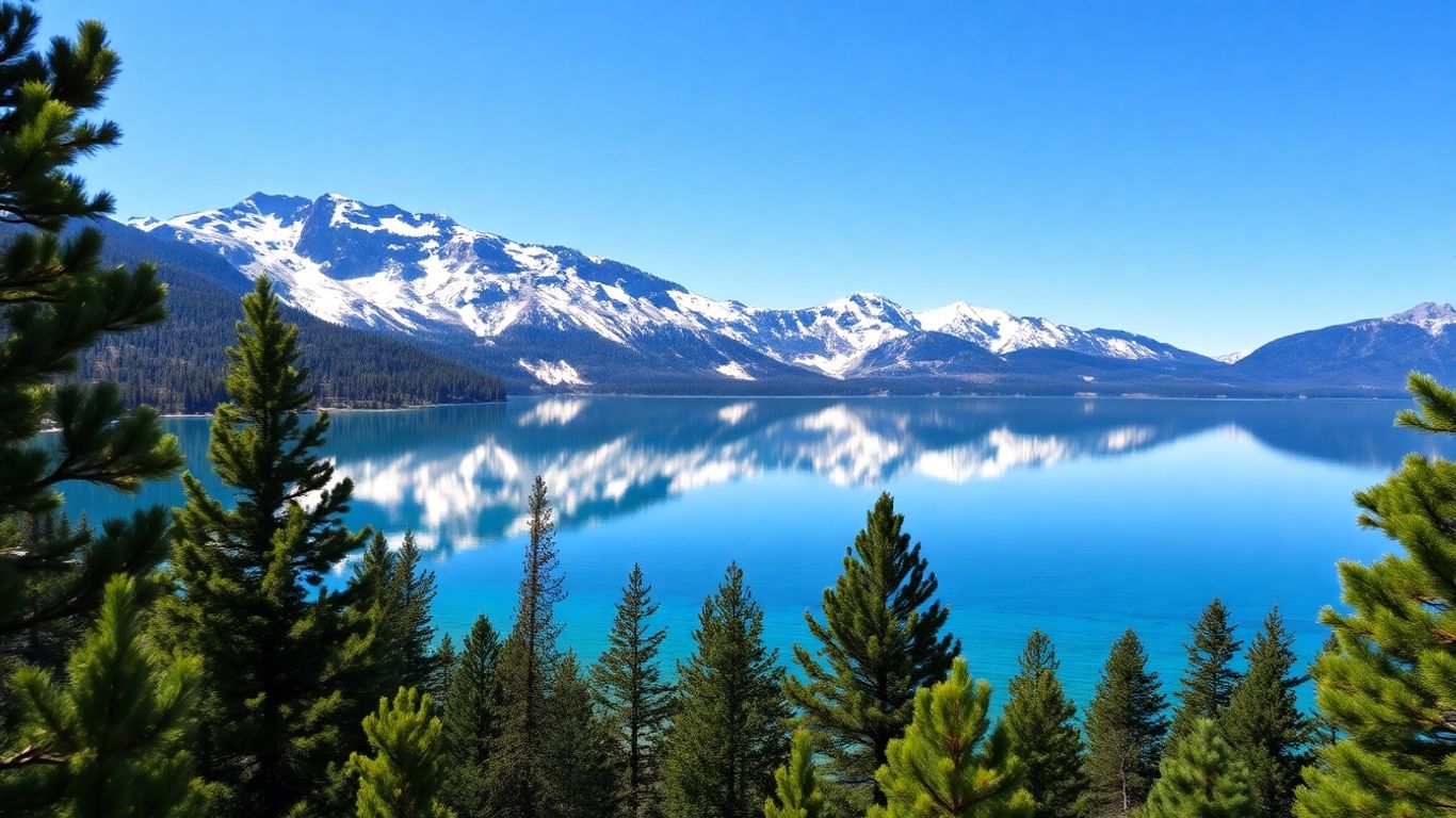 Snowy mountains reflecting in clear Lake Tahoe waters.