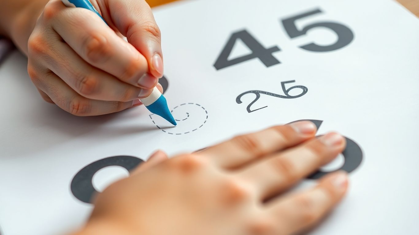 Child tracing numbers on a worksheet.