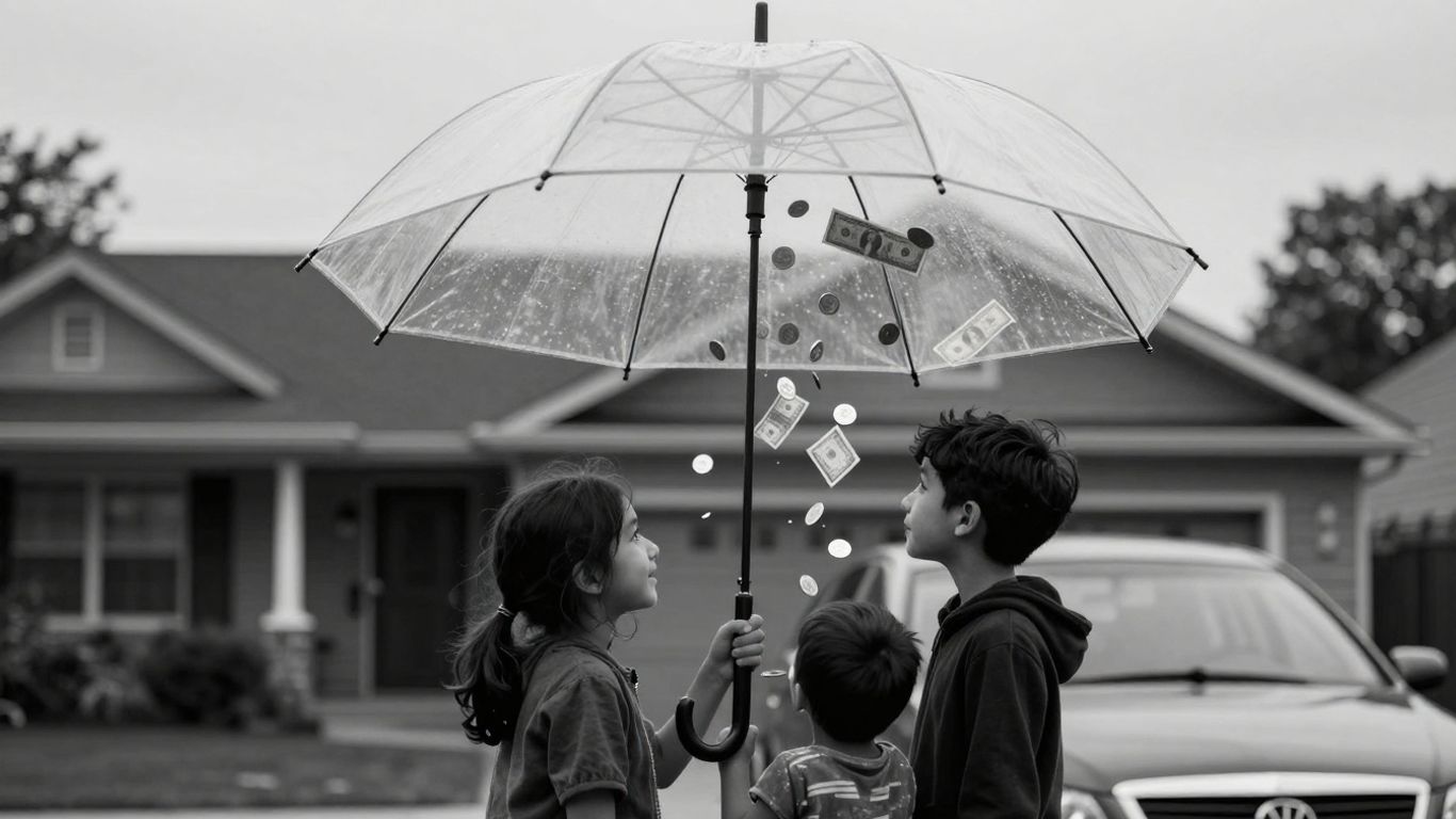 Family protected by umbrella from falling money.