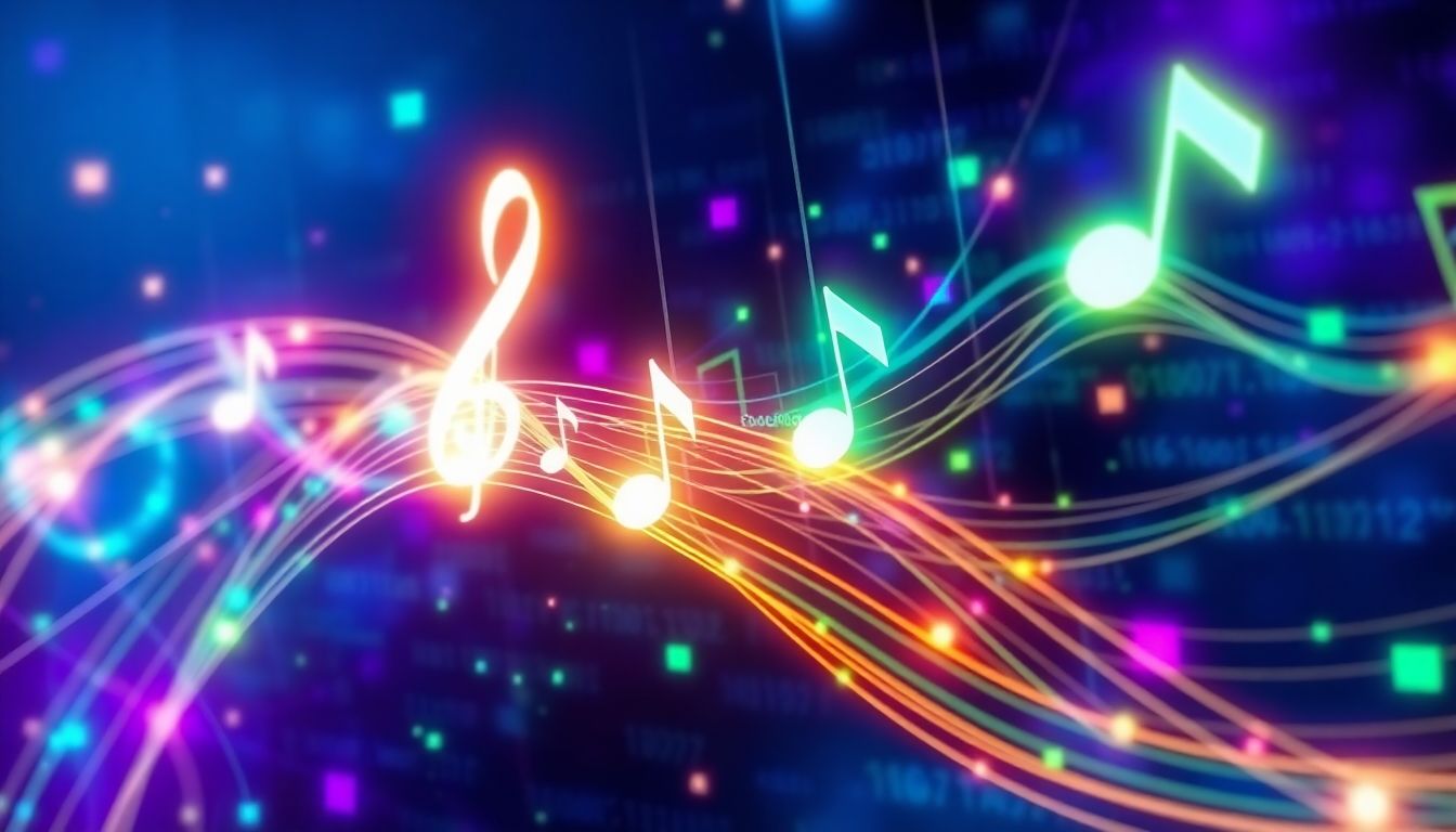 Music notes and AI circuitry merging in a futuristic design.