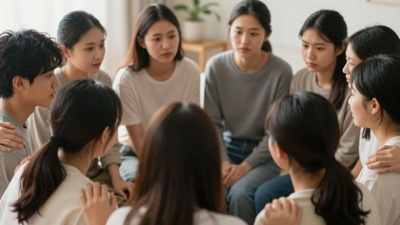 Youth mental health support group in a caring circle.
