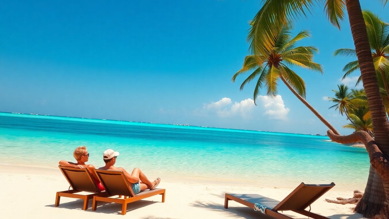 Sunny beach with palm trees and relaxing couple.