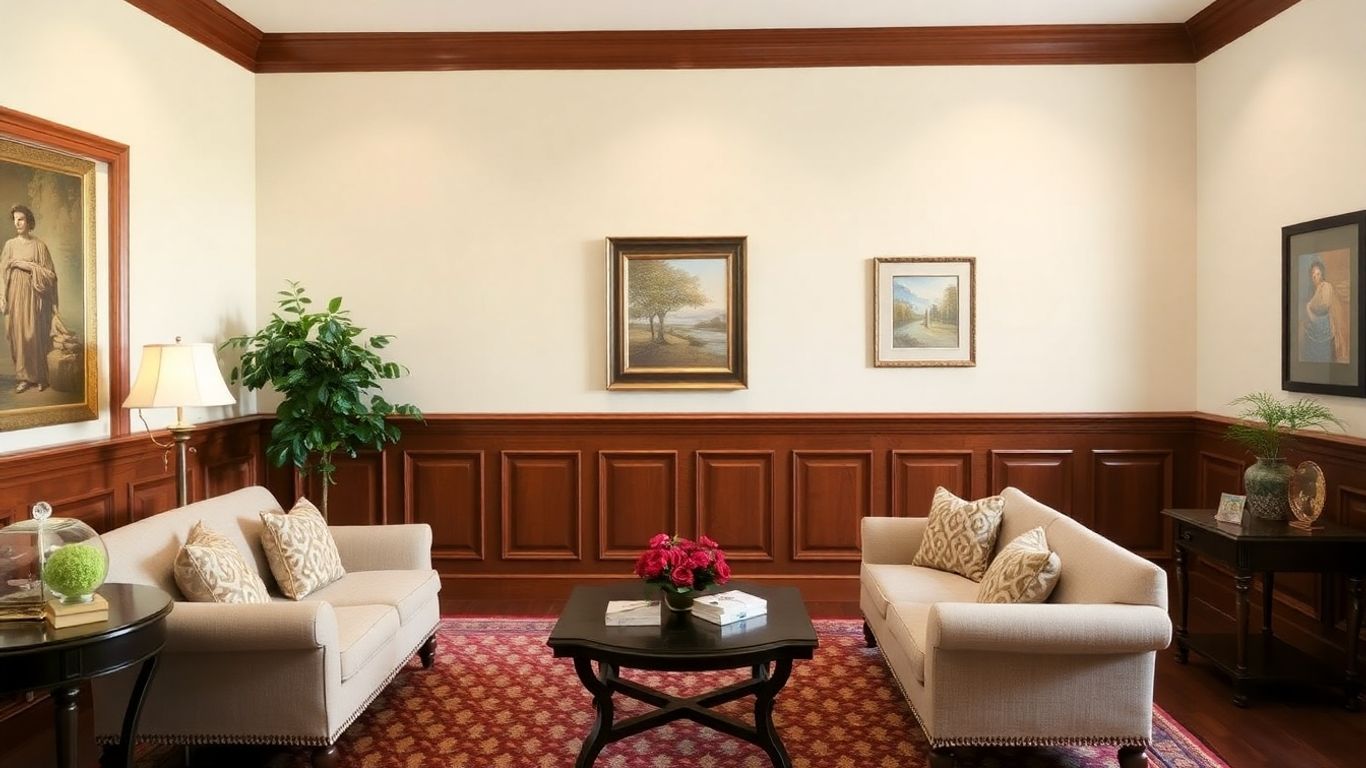 Elegant raised panel wainscoting in a living room.