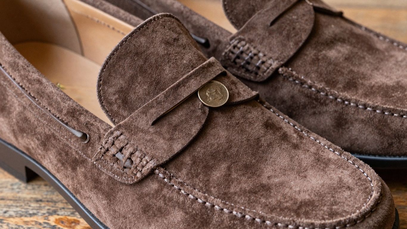 Brown suede penny loafers with a penny in the strap.