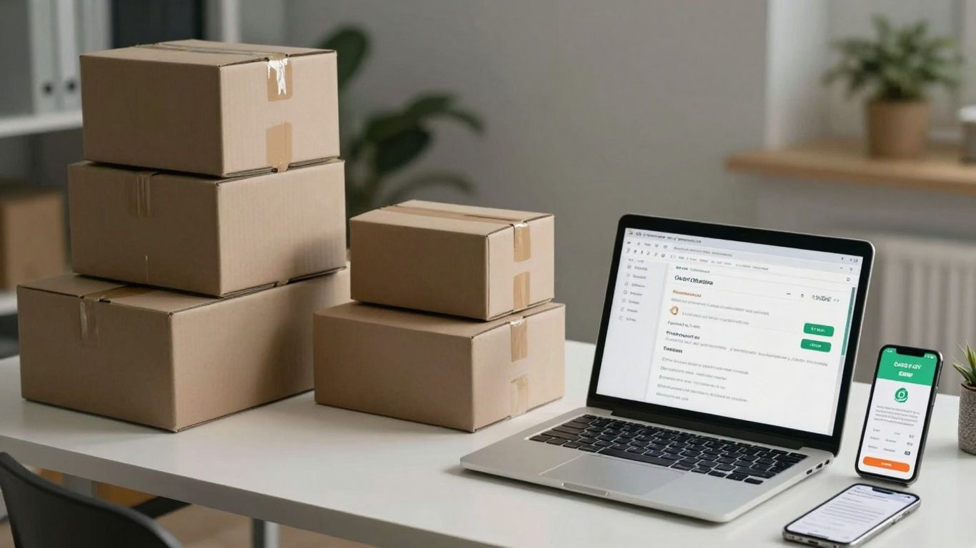 WooCommerce order management dashboard on laptop with shipping boxes.
