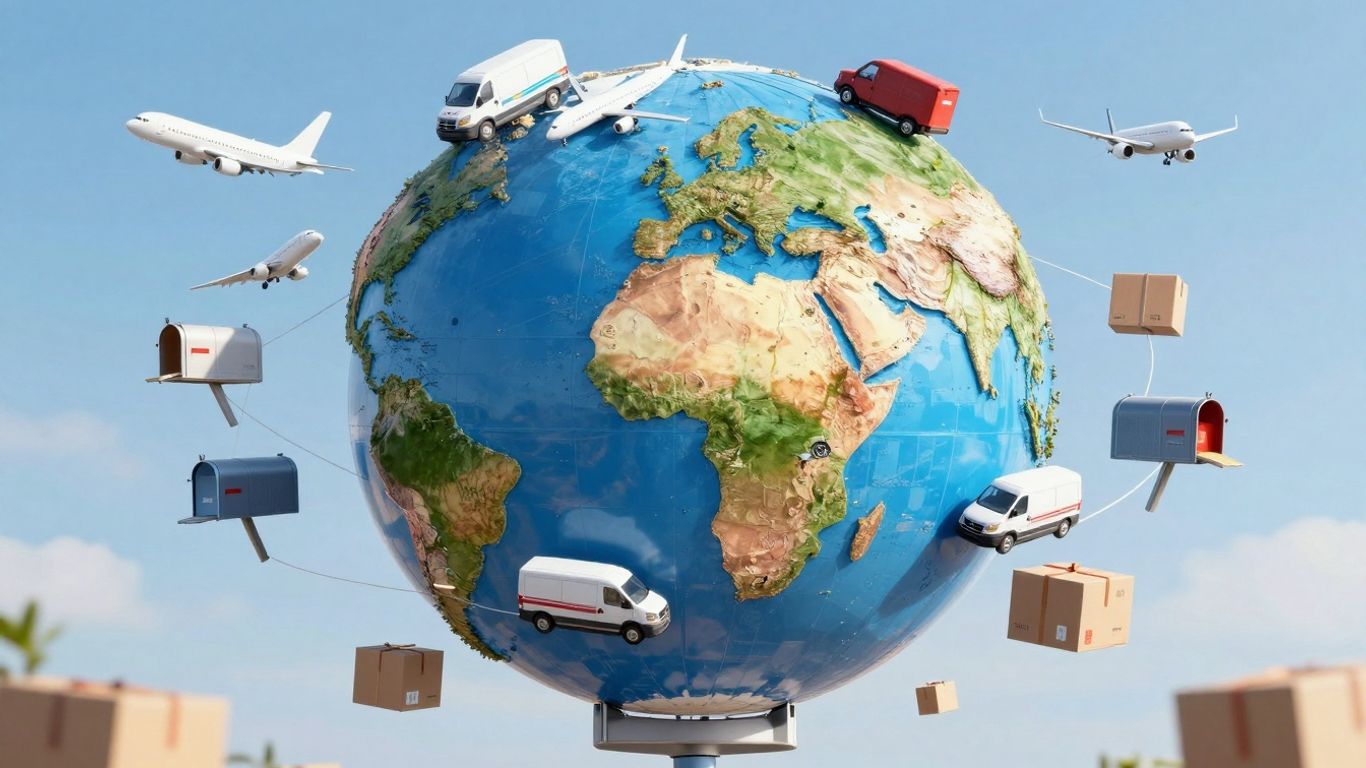 Globo terráqueo con vehículos de servicio postal alrededor.