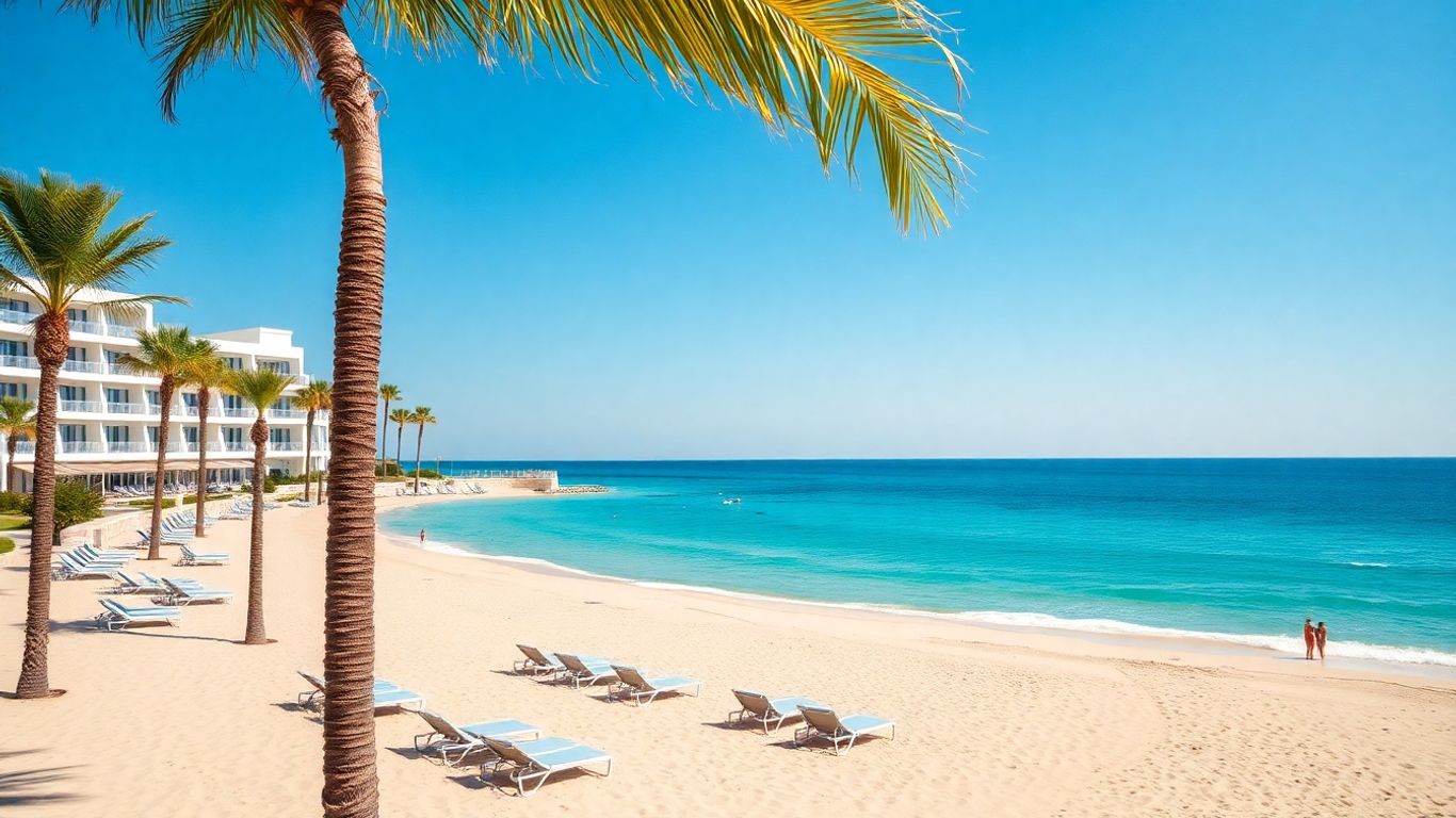 Adults-only resort beach with turquoise water and palm trees.