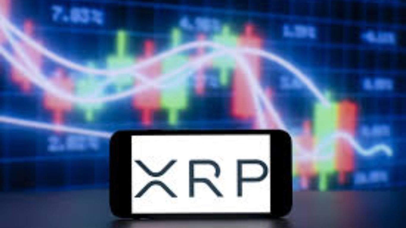 A smartphone displaying the XRP logo with a trading chart background.